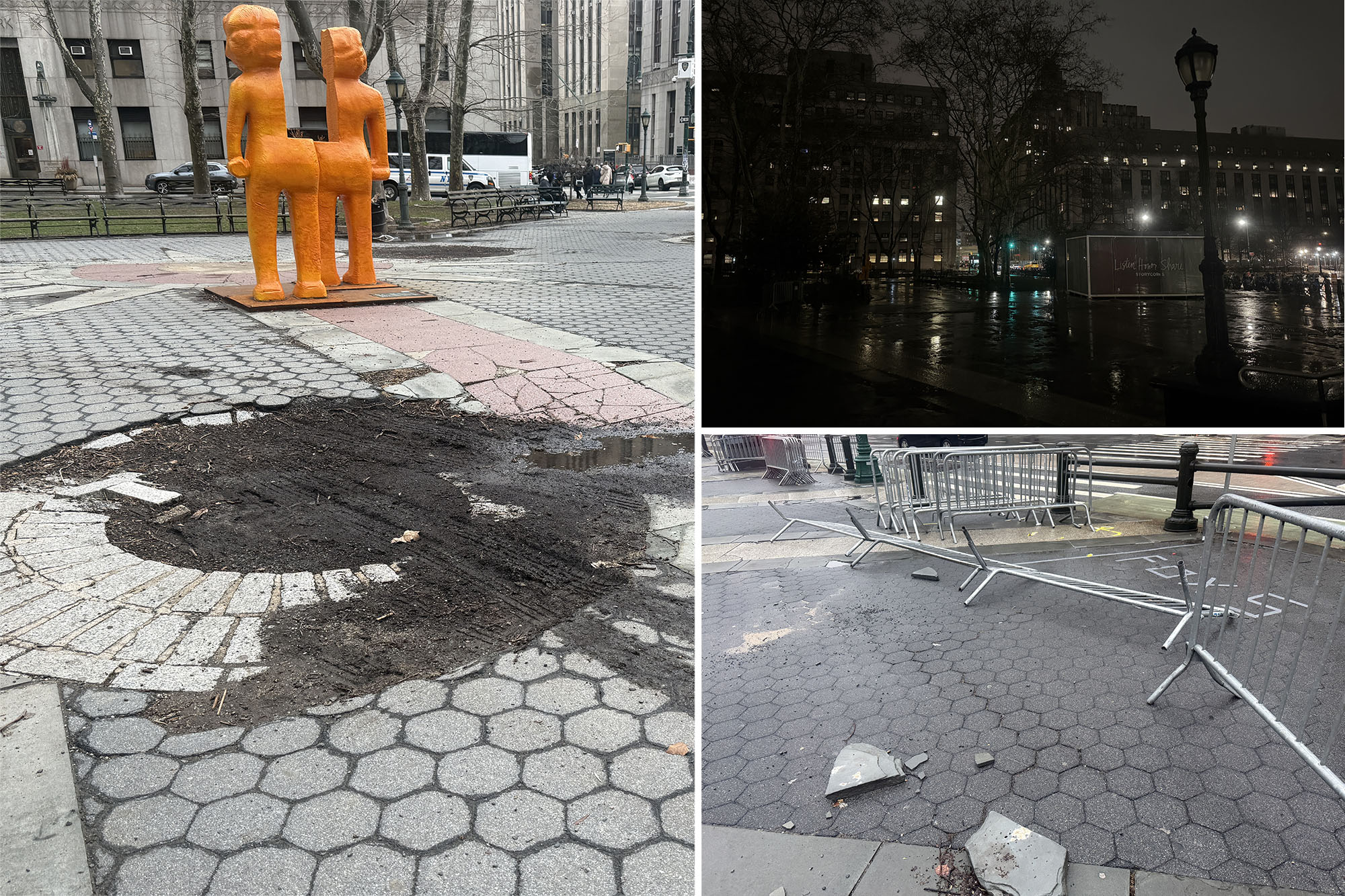 Historic NYC plaza left in abysmal disrepair with destroyed pavement, defective lights